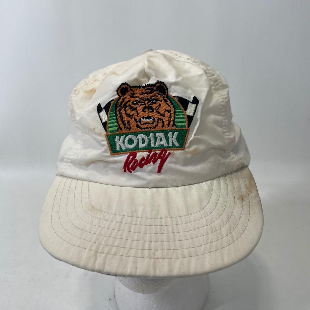 Vintage Kodiak Racing Snapback Hat White Made in USA Nascar Bear Logo Distressed